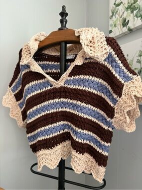 Crochet Striped V-Neck Sweater - Cream, Brown & Blue